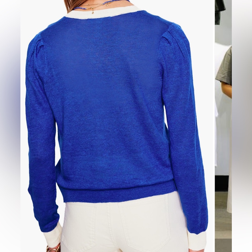Boden Liv Linen Cardigan in bright blue with white bordering varsity size XL - Picture 4 of 12